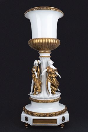 Large white and gold porcelain vase with dancing maenads, first half of the 20th century