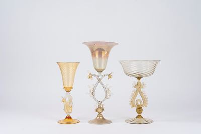 Lotto Composto da Tre Bicchieri in Vetro di Murano, uno Firmato Seguso