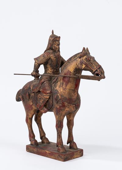 Cavaliere a Cavallo in Legno Laccato e Dorato, Cina, Secolo XX