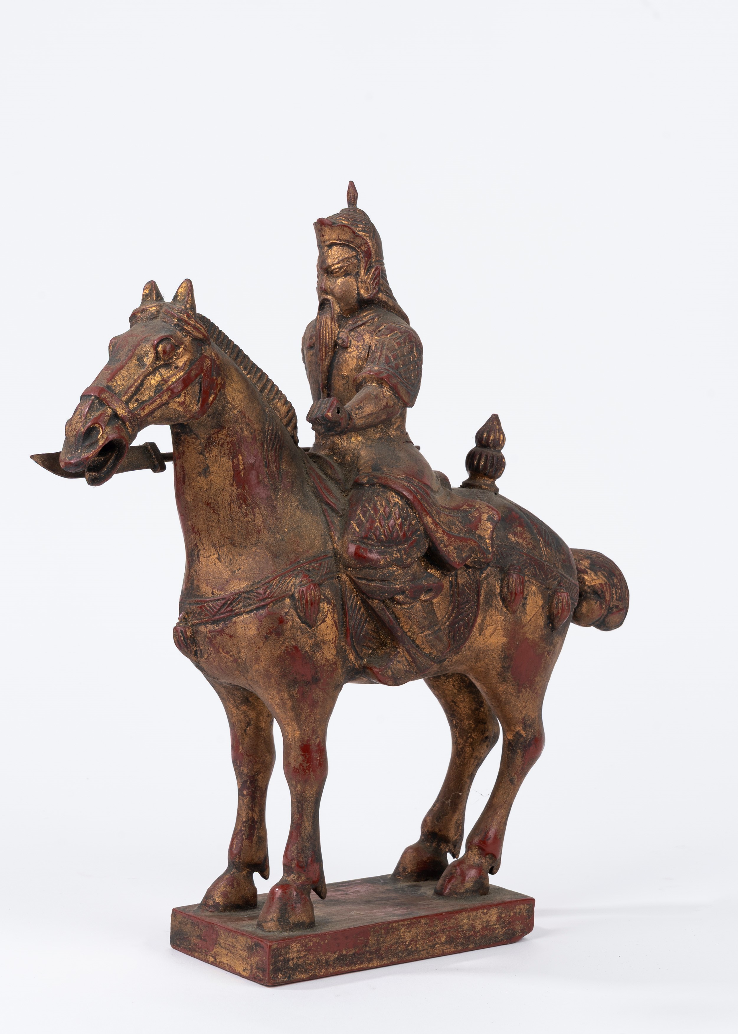 Cavaliere a Cavallo in Legno Laccato e Dorato, Cina, Secolo XX