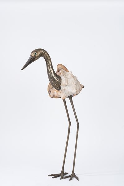 Scultura in Metallo Raffigurante Airone, con Corpo di Conchiglia, Secolo XX