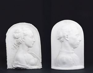 Pair of plaster bas-reliefs depicting a Portrait of a Man and Lucretia, after Desiderio da Settignano