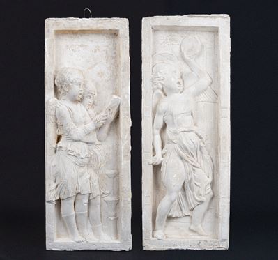 Due Bassorilievi in Gesso con Angeli Musicanti, Dall'altare Maggiore della Basilica del Santo a P...