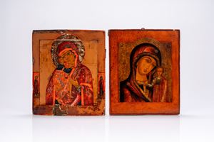 Due icone a tempera su tavola raffiguranti la Vergine Feodorovskaya e la Vergine di Kazan. Russia, inizio XIX secolo