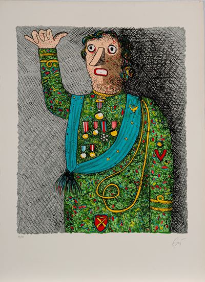 Saluto alla bandiera, litografia a colori, 1977