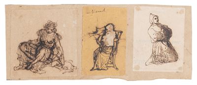 Tre Disegni a Inchiostro Bruno su Carta, Raffiguranti Studi di Figure