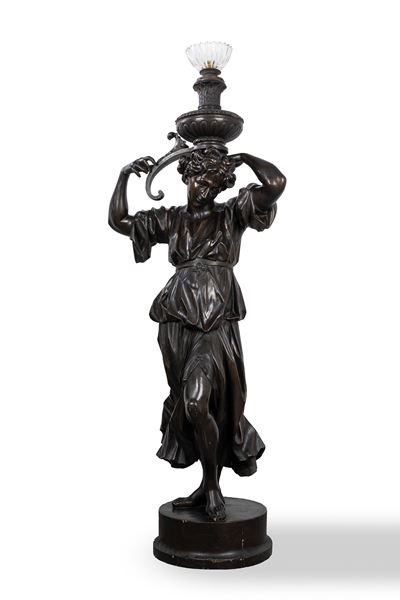 Figura Femminile Reggi Torcia in Legno Scolpito e Ebanizzato, Secolo XIX