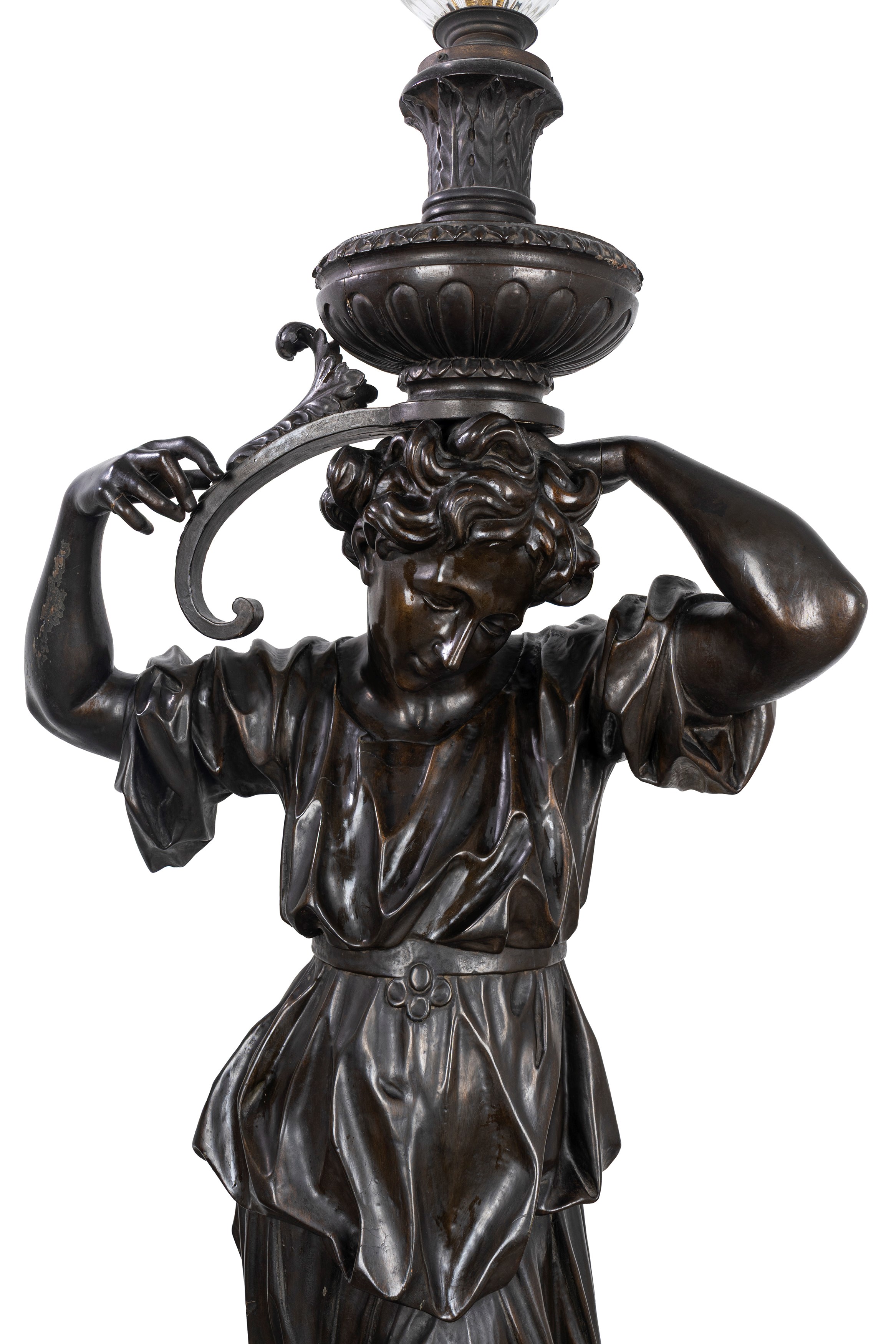 Figura Femminile Reggi Torcia in Legno Scolpito e Ebanizzato, Secolo XIX