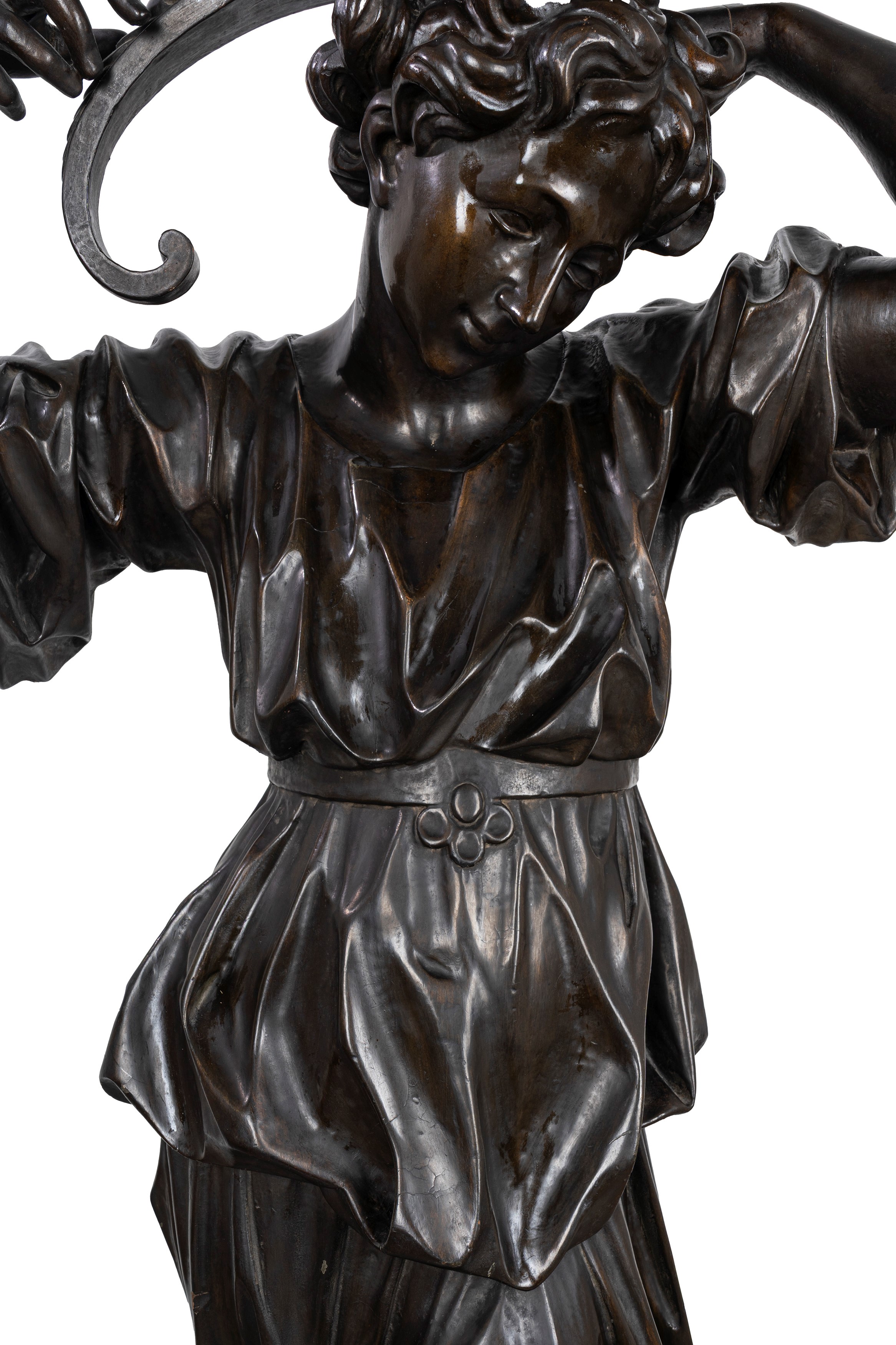 Figura Femminile Reggi Torcia in Legno Scolpito e Ebanizzato, Secolo XIX