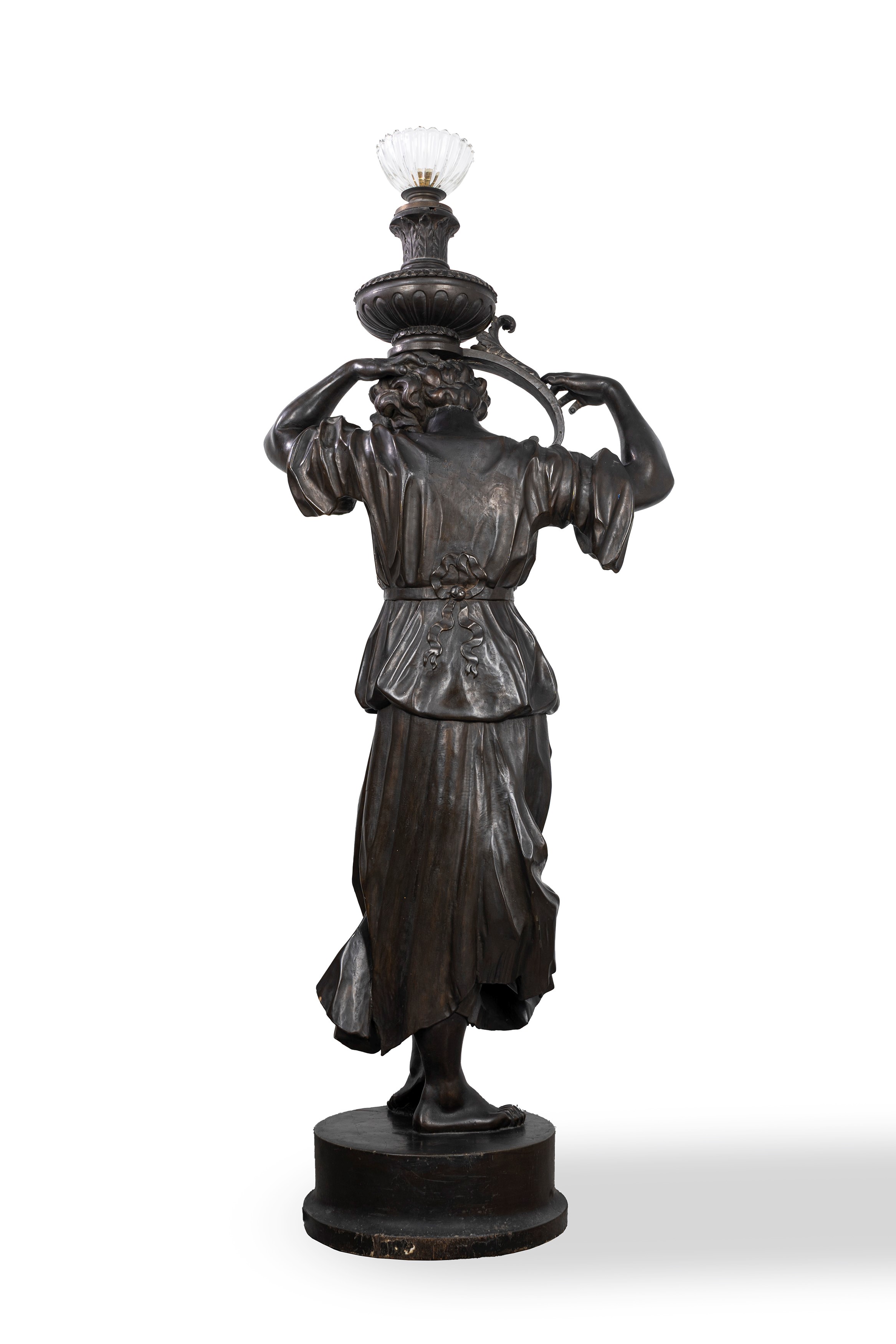 Figura Femminile Reggi Torcia in Legno Scolpito e Ebanizzato, Secolo XIX