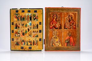 Lotto di tre icone su tavola: una raffigurante le Dodici Grandi Feste, due quadripartite. Russia, XIX secolo