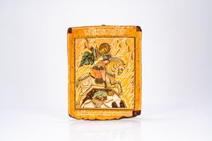 Icona su tavola raffigurante san Demetrio di Tessalonica a cavallo con lancia. Russia, XIX secolo