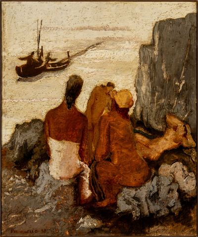 Bagnanti sugli scogli, olio su tavola