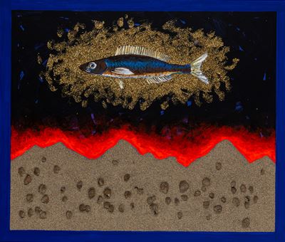 E il pesce, volava felice sopra la terra dei sogni, tecnica mista su tavola