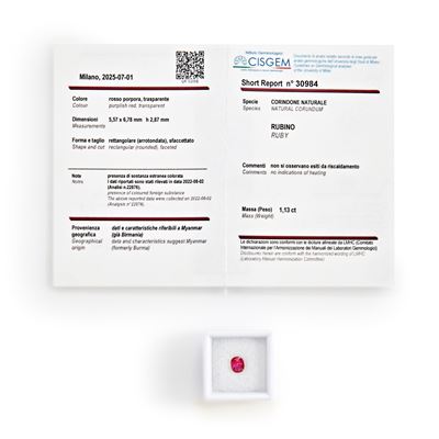 Rubino Burma in Cartina Ct 1,13