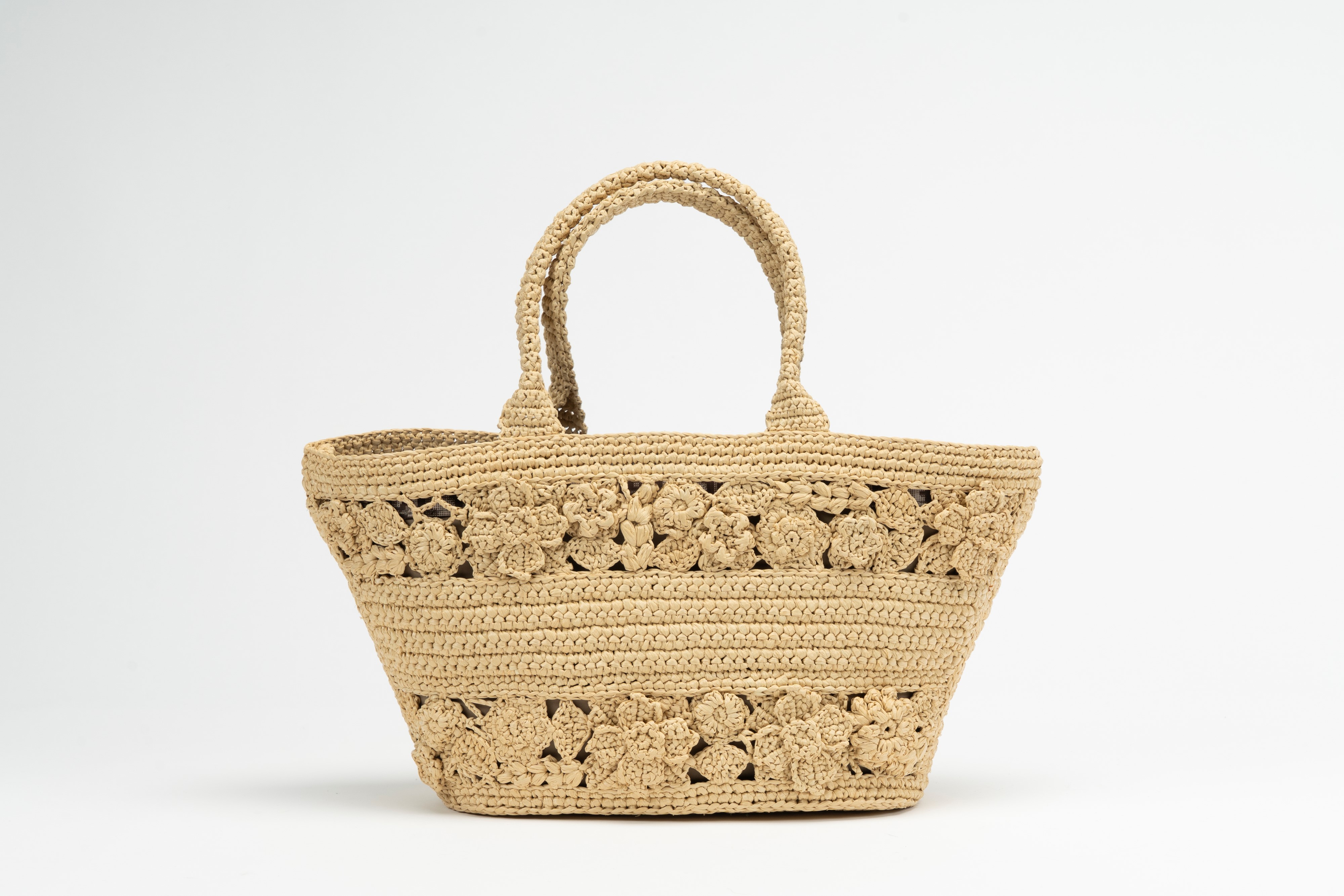 Christian Dior - Borsa cesto in rafia lavorata all'uncinetto con fantasia a fiori