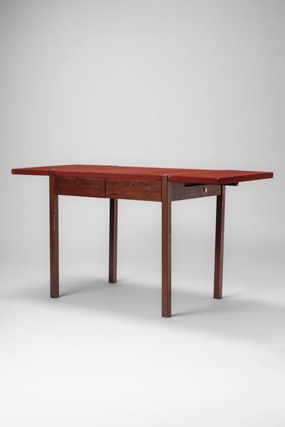 Scrivania estensibile, elementi in legno e ottone, panno, 1960 circa