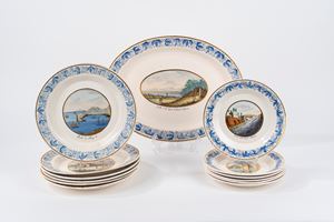 Polychrome majolica service with city and landscape views, Colonnese manufacture, Naples, 19th century