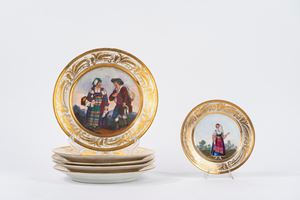 Six polychrome porcelain plates with characters in Abruzzese folk costume, Naples, 19th century