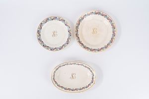 A large plate, a small plate and an oval earthenware tray, Migliuolo Giustiniani, Naples, 19th century