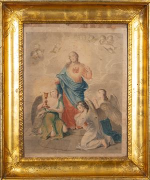 Incisione acquerellata raffigurante Cristo tra gli Angeli