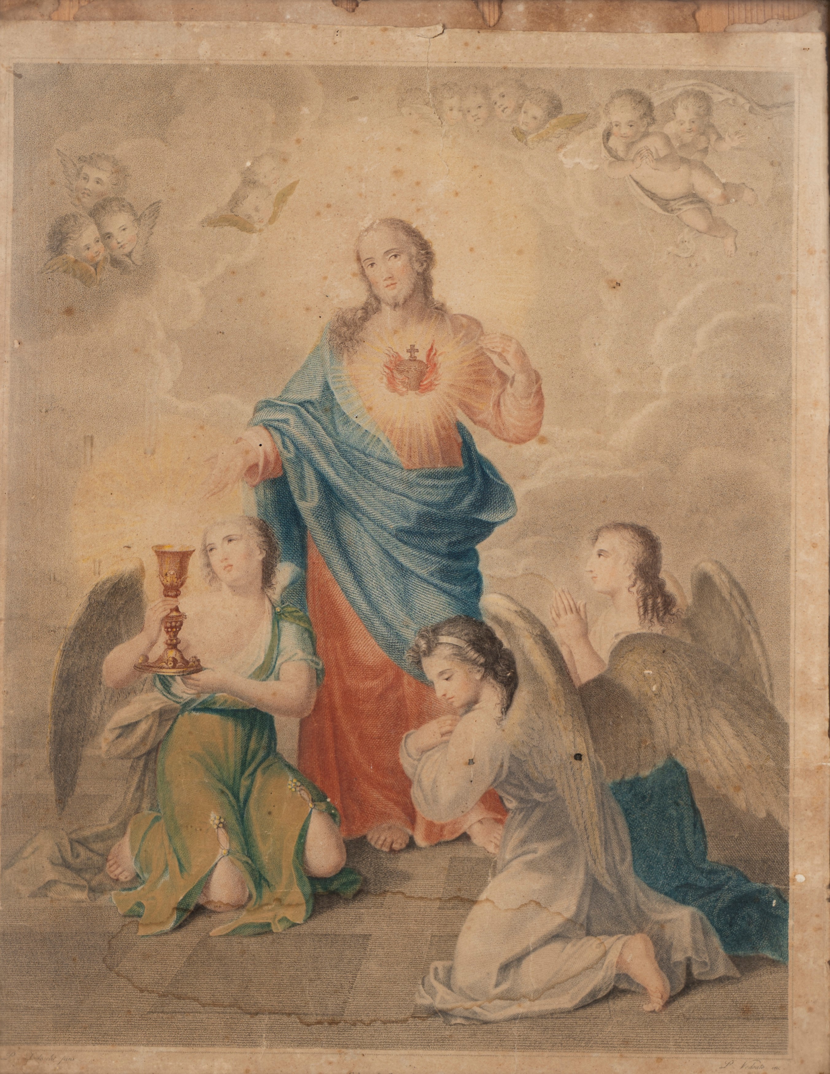 Scuola Italiana, Secolo XIX - Incisione Acquerellata Raffigurante Cristo tra gli Angeli