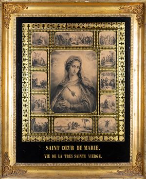 Incisione raffigurante il Sacro Cuore di Maria e scene della Vita della Vergine