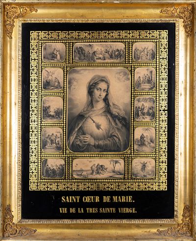 Incisione Raffigurante il Sacro Cuore di Maria e Scene della Vita della Vergine