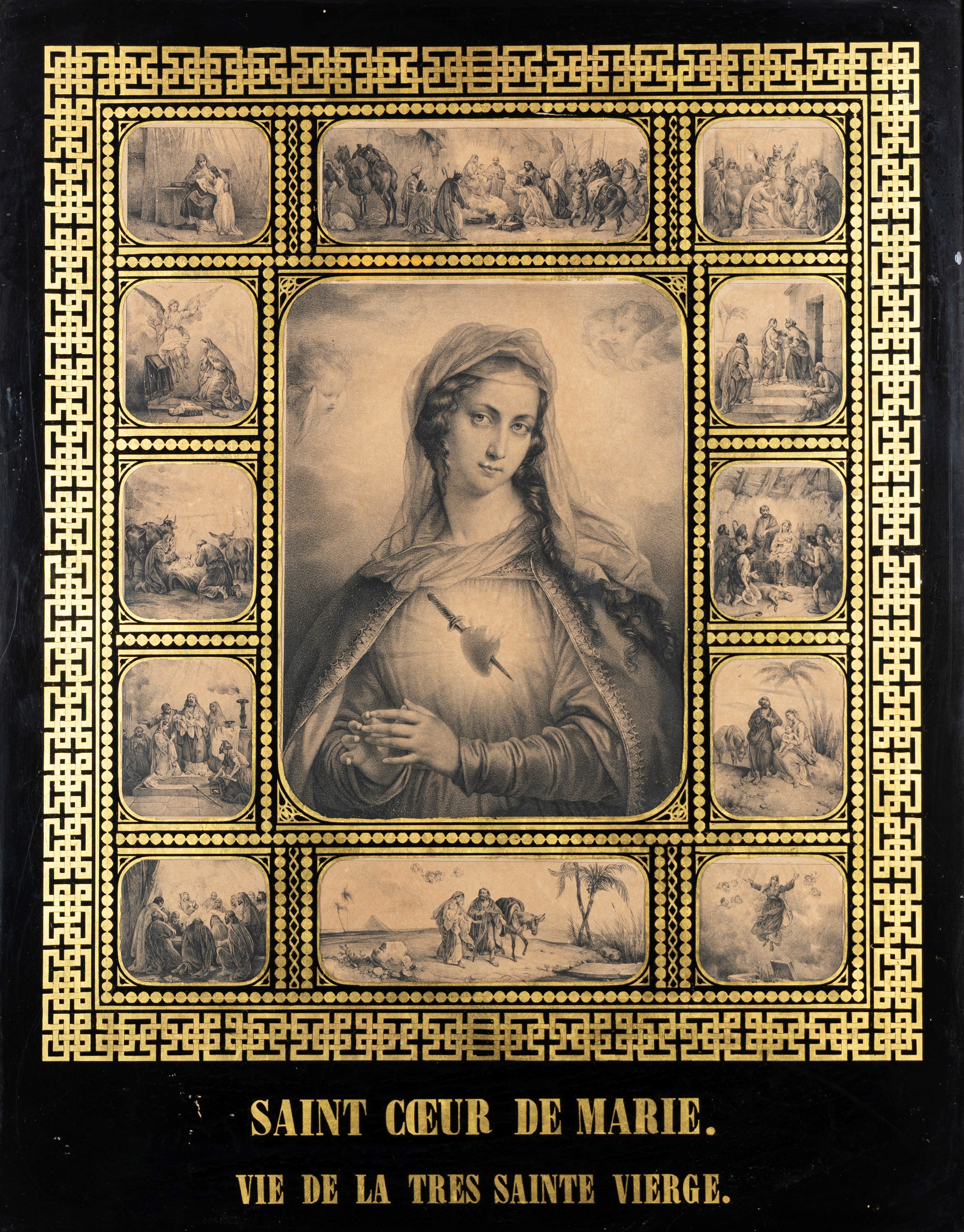Scuola Francese, Secolo XIX - Incisione Raffigurante il Sacro Cuore di Maria e Scene della Vita d...