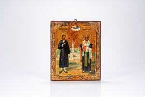 Icona su tavola a tempera e foglia d’oro raffigurante san Simeone il Giusto e san Nicola Taumaturgo. Russia, XIX secolo