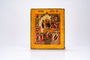 Icona su tavola raffigurante il “Velo protettore della Madre di Dio” (Pokrov). Russia, XIX secolo