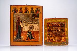 Lotto di due icone su tavola raffiguranti l’Apparizione della Vergine a sant’Alessio e le Dodici Grandi Feste. Russia, XIX secolo