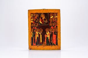Icona su tavola raffigurante la Madre di Dio delle Tre Mani tra santi. Russia, XIX secolo