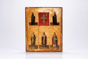 Icona stauroteca su tavola con Cristo crocifisso in metallo tra santi. Russia, XIX secolo