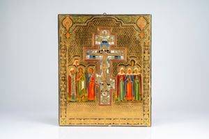 Staurotheke panel icon in tempera and gold ground with an eight-pointed Orthodox cross in metal and polychrome enamels depicting Christ Crucified among saints, Russia, late 19th – early 20th century