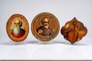 Three panel icons, circular, oval and shaped, depicting Saint Mark and Saint John the Evangelist. Russia, 19th century