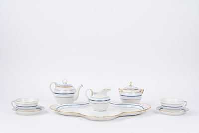 Servizio Tête-à-tête in Porcellana Bianca con Decoro a Righe Blu e Oro, Inizi Secolo XX