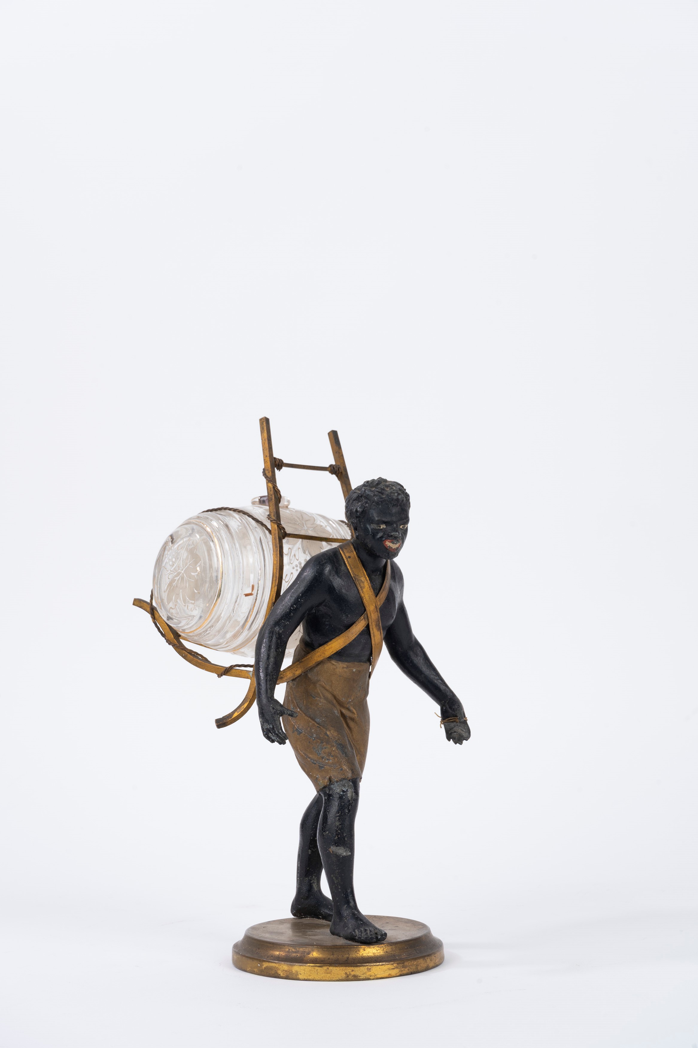 Scultura in Bronzo Raffigurante Servitore Moro con Botticella in Cristallo, Francia Secolo XIX