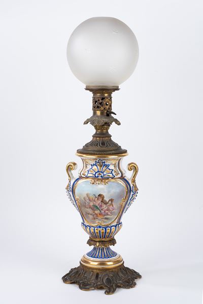 Lampada da Tavolo in Porcellana Policroma e Ottone, Francia, Luigi Filippo, Secolo XIX