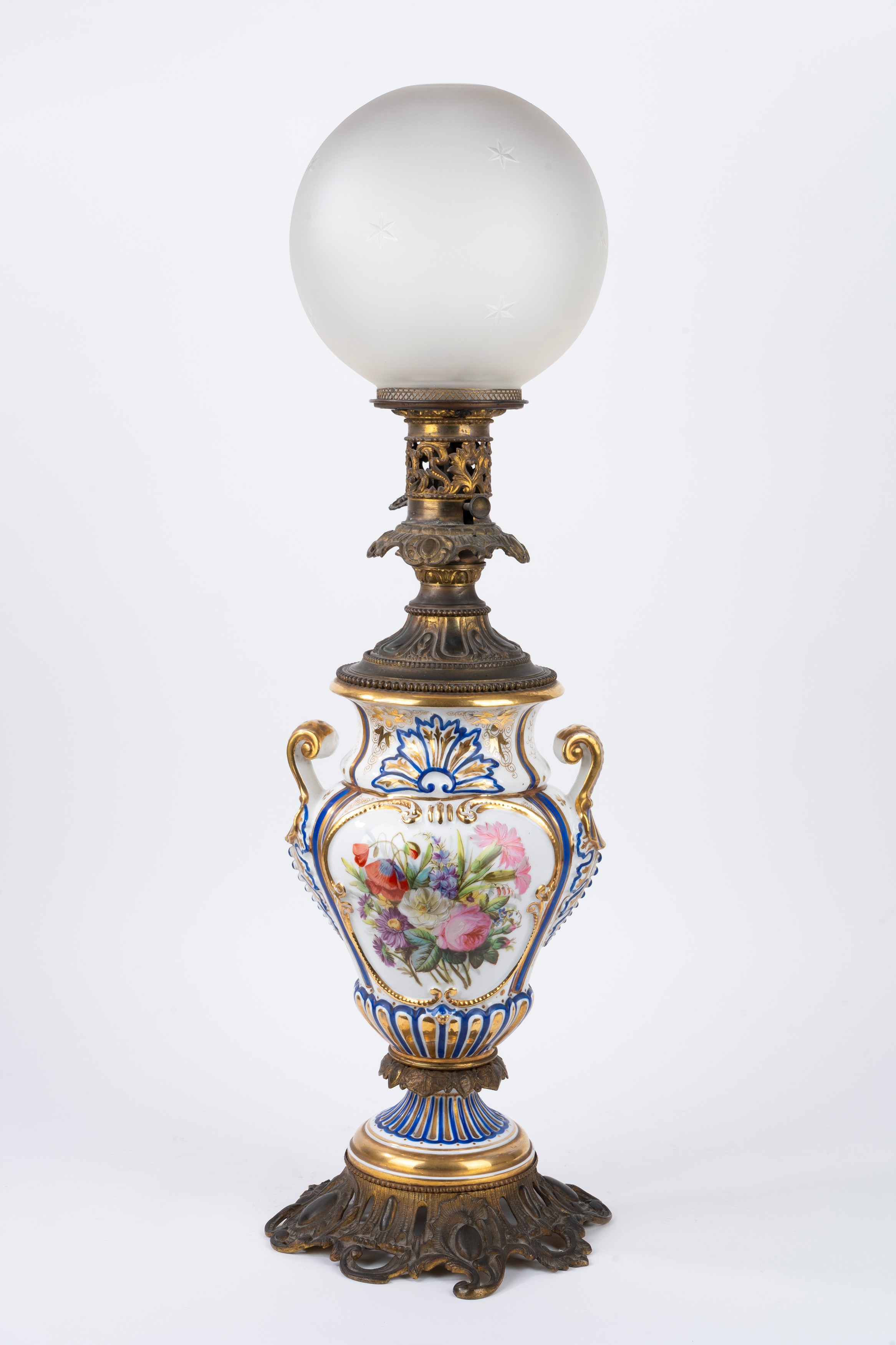 Lampada da Tavolo in Porcellana Policroma e Ottone, Francia, Luigi Filippo, Secolo XIX