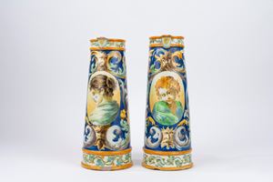 Two polychrome majolica jugs, Italian manufacture, 20th century