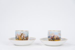 Coppia di tazzine in porcellana policroma con piattino, Meissen secolo XIX