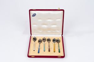 Sei cucchiaini in argento Sterling 925 con manico in smalti policromi
