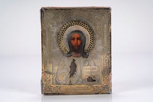 Icona su tavola con riza in argento raffigurante Cristo Pantocratore. Mosca, 1884