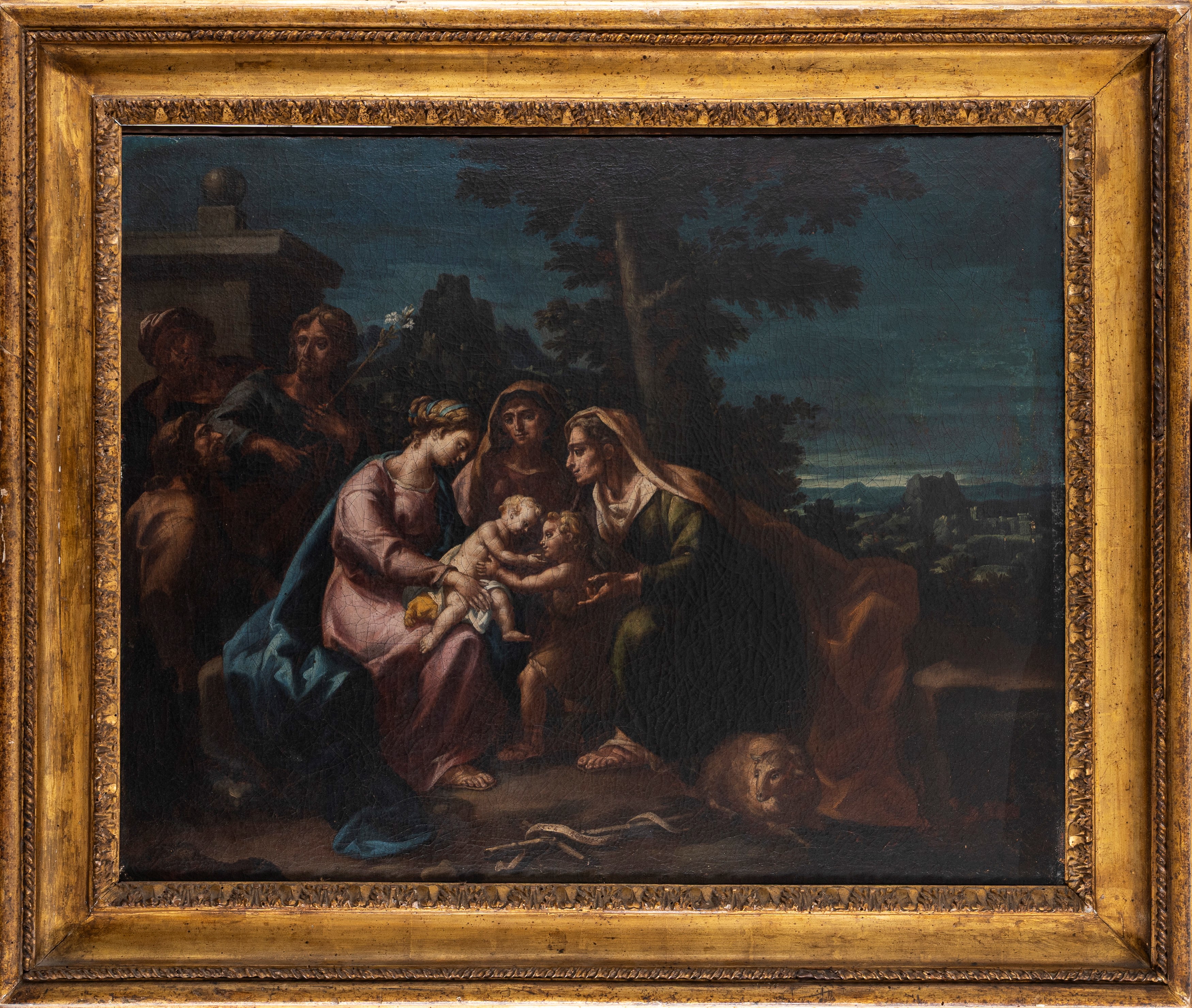 Scuola Romana, Secolo XVIII - Scuola romana, Madonna con Bambino, San Giovannino e santi in un pa...