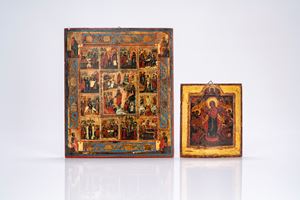 Due icone su tavola raffiguranti le Dodici Feste e Madre di Dio gioia di tutti gli afflitti. Russia, secolo XIX
