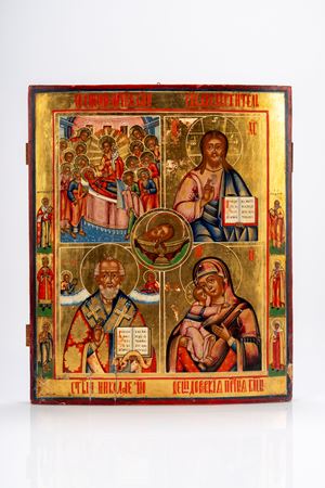 Icona quadripartita a fondo oro e tempera su tavola raffigurante la Dormitio Virginis, Cristo Pantocratore, san Nicola Taumaturgo e la Madonna di Vladimir, con al centro la testa di san Giovanni Battista. Russia, XIX secolo