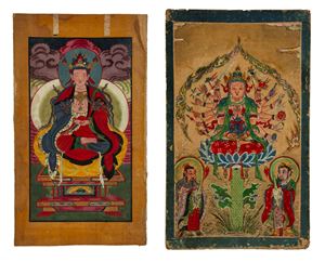 Two thangkas, one depicting Amitabha Buddha (the Buddha of Infinite Light) and the other Avalokitesvara with a thousand arms, Tibet – China, second half of the 19th century