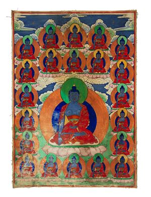 Thangka depicting Buddha Śākyamuni with disciples, Tibet – China, 19th century