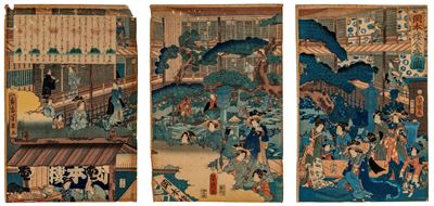 Giappone, Trittico di xilografie, periodo Edo tardivo / Meiji, metà XIX secolo, Ōban verticale cm...